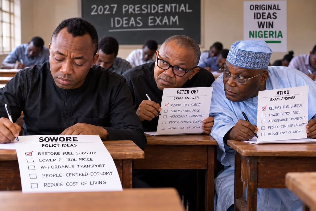sowore's tweet photo. On the petrol subsidy matter, and other ideas, cheating is not allowed!

Nigeria cannot continue recycling failed politicians who suddenly discover the ideas they once opposed. If you have had your opportunity and failed, perhaps it is time to retire from the political stage. @atiku, @PeterObi, @officialABAT and others take note! #Sowore2027