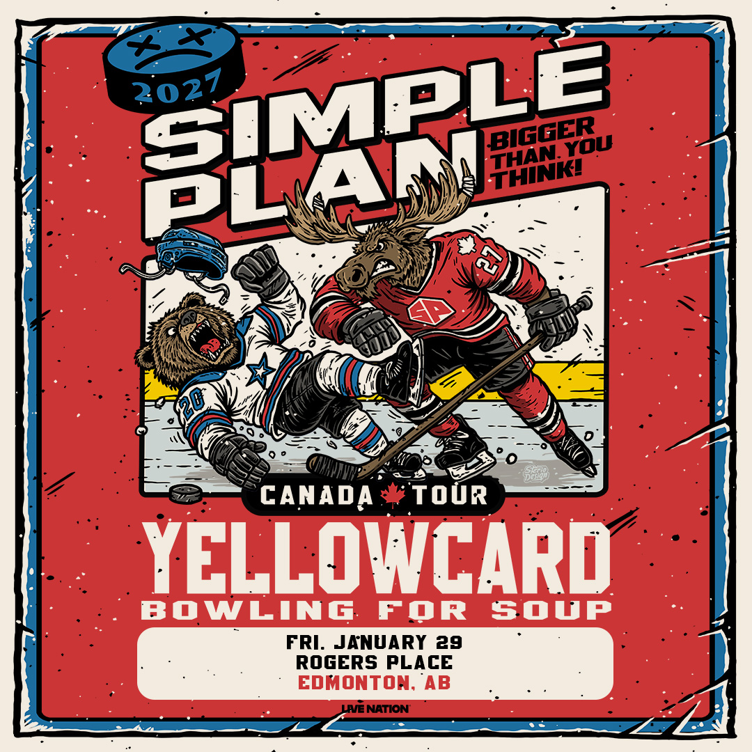 RogersPlace's tweet photo. JUST ANNOUNCED! Simple Plan is coming to Rogers Place on January 29, 2027 with special guests Yellowcard and Bowling For Soup! Tickets on sale this Friday, Oct 9th @ 10AM local. https://t.co/ES0ABuA0VL