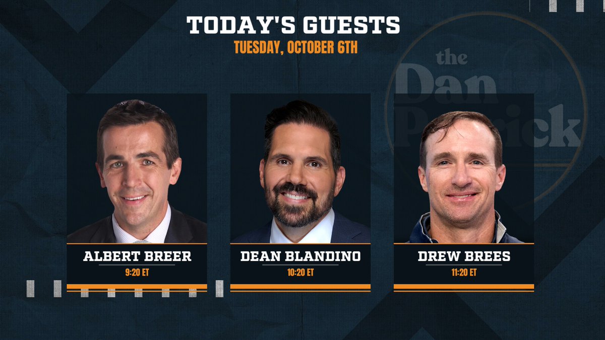 dpshow's tweet photo. On the show today we have:

9:20 ET - Albert Breer (@AlbertBreer)

10:20 ET - Dean Blandino (@DeanBlandino)

11:20 ET - Drew Brees (@drewbrees)

☎️: 877-3DP-SHOW
📧: DP@DanPatrick.com
📺: https://t.co/hXpiymS3JT
📻: https://t.co/uXGWgU7p4R https://t.co/xQS3367Sd7