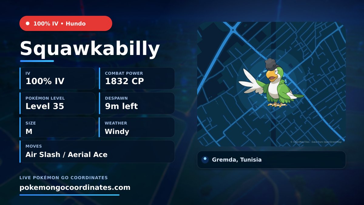 CoordsPokemonGo's tweet photo. #Squawkabilly Wild Spawns
π―% IV β’ 1832 CP β’ Level 35
Despawns in 9m
π 34.805169,10.700409
#100IVLevel35 β’ #PokemonGOCoordinates https://t.co/Oc5IDvBcFH