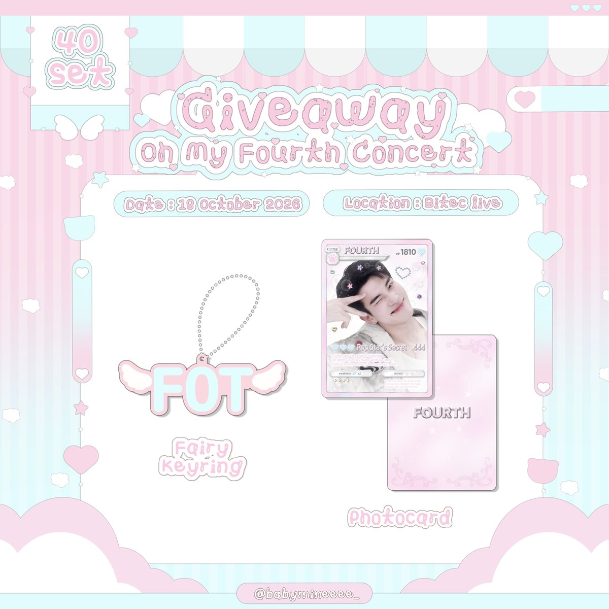 babymineeee_'s tweet photo. 🪽 pls kindly rt 

giveaway | #FourthConcert 

Fairy keyring 1 ea
Photocard 1 ea
⟢ —— only 40 set 🎀

18.10.2026 | @ Bitec live

💌 rt &amp; show this tweet 
~ for exchange pls dm 🫶🏻

#Fourthnattawat #โฟร์ทณัฐวรรธน์ https://t.co/3XQ0DdiTtt