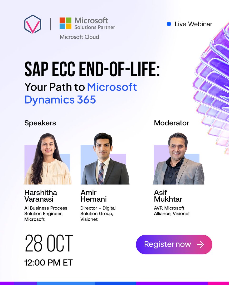 Visionet's tweet photo. SAP ECC support winds down in December 2027. Is your organization ready for what's next?

Join us live for a session built for CIOs, CTOs, and ERP leaders.

Register now: https://t.co/qZZSXICzCE

#SAPECC #ERPModernization #DigitalTransformation #Visionet https://t.co/c38g0GY5LR