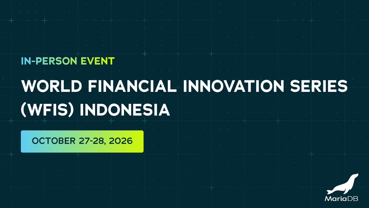 mariadb's tweet photo. Save the date — MariaDB is heading to Jakarta for the 8th Edition of the World Financial Innovation Series (WFIS) Indonesia, happening on October 27–28 at the Raffles Jakarta!  

As financial institutions face surging digital transaction volumes and stricter security compliance, having a resilient data foundation is more critical than ever. In collaboration with our partner Redington ASEAN, the MariaDB team will be onsite to showcase how we help modern financial organizations scale securely under heavy workloads, maintain high availability for core services, and accelerate digital transformation across banking apps, digital lending platforms, and embedded finance.  

Whether you're looking to modernize your legacy database systems or build next-generation fintech solutions, we’d love to connect — learn more, and register here: https://t.co/DskU66YgCS