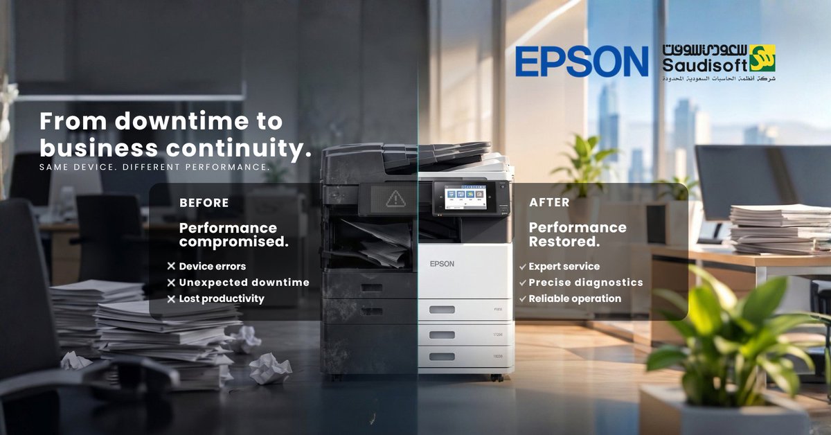 Saudisoft's tweet photo. From downtime to business continuity.

When your device slows your business down, the right service makes all the difference. Saudisoft's expert service and diagnostics, your equipment gets back to reliable performance  minimizing downtime and keeping productivity moving. https://t.co/8mlrTlqcqD