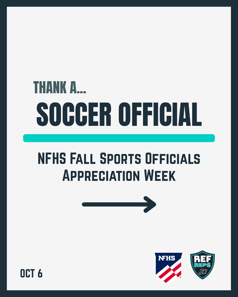 RefReps's tweet photo. ⚽ Soccer officials cover the whole field and the sideline, make the calls players want to argue about, and keep everyone safe while they do it. 

THANK YOU to the soccer officials who show up and run it.

#NFHS #SoccerReferee #FallSportsOfficialsAppreciationWeek https://t.co/nPzk6zw20y