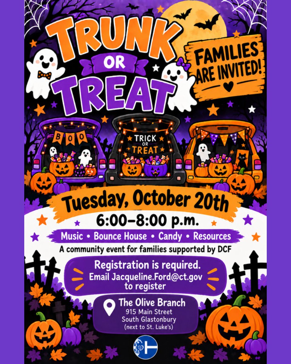 CTDCF's tweet photo. Join us for our annual Trunk or Treat! 👻
📅 Tuesday, October 20th from 6-8 PM at The Olive Branch (915 Main St, South Glastonbury)

All families are invited for music, a bounce house, candy, and fun! 🎃
Registration is required so please email 📧Jacqueline.Ford@ct.gov https://t.co/uquAh8gMi8