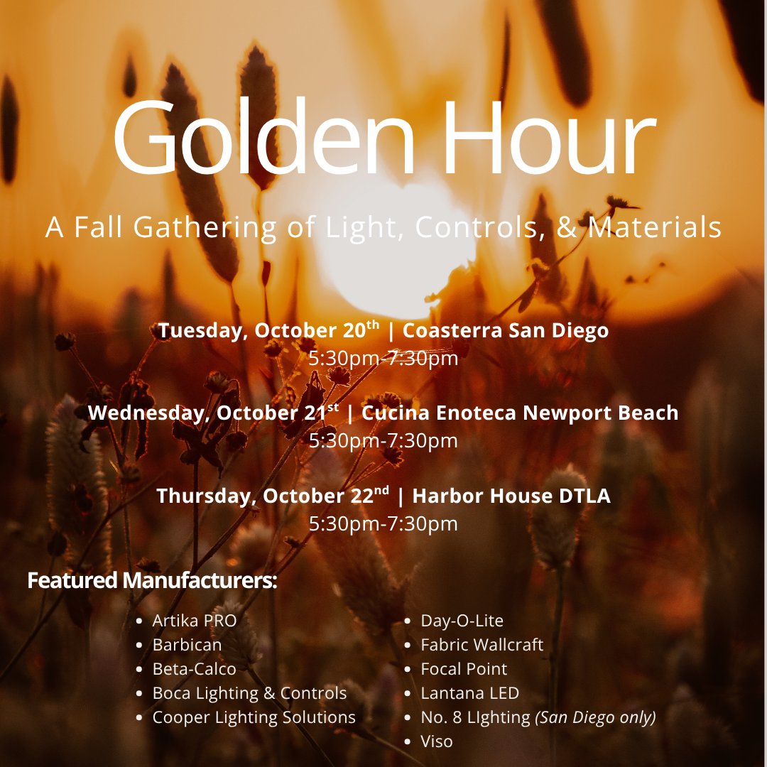 sci_lights's tweet photo. Golden Hour is just a couple of weeks away! Join SCI for our final tabletop showcase of the year! Secure your spot before it fills up: https://t.co/x3835rBYsT 

#JoinUs #GoldenHour #SCIEvents #Lighting #Controls #Materials #MeetUsAtGoldenHour #SCILights https://t.co/hYoJjxyEDv