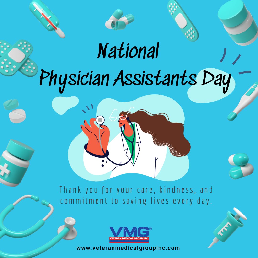 VeteranMedGroup's tweet photo. Happy National Physician Assistant Day! 🩺 PAs play a vital role in medicine, bringing expertise, dedication, and precision to the community every day. Tag an amazing PA who makes a difference! 💙
#PADay #PhysicianAssistants #NationalPADay #VMG #PAsDoThat https://t.co/gpU5cV7fpr