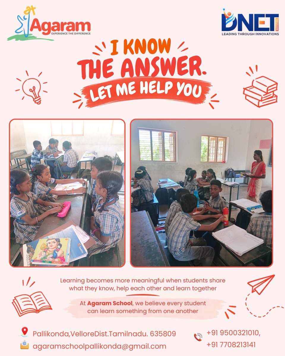 agaramschoolpkm's tweet photo. Learning becomes better when students learn from one another.
At Agaram, we encourage children to share, help, and grow together.
Want to know more? Connect with us today.
#AgaramSchool #LearnTogether #StudentLearning #GrowingTogether #DNETInstitutions https://t.co/DzWN72eQfa