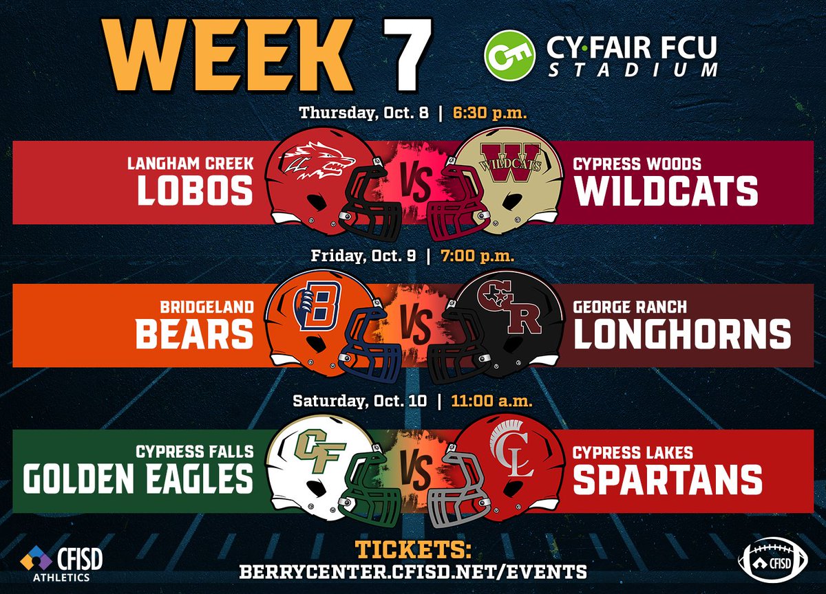 BerryCenter's tweet photo. 🏈 Three games are on deck this week at Cy-Fair FCU Stadium!
🎟️ Get your tickets at: https://t.co/7wgExYSUsE
Know before you go: https://t.co/oF8rmHpzKK
#CFISDFootball @CFISDAthletics https://t.co/yC0i64tmtm