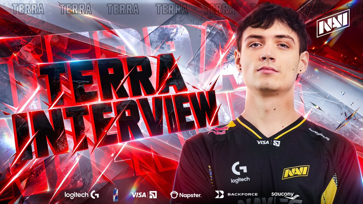 A promotional graphic for a "TERRA INTERVIEW" featuring esports player Terra (NAVI jersey with sponsors Visa, Logitech, Napster, Backforce, and Saucony visible) against a dynamic red shattered-glass background with the #navination tag, matching the caption's announcement of an interview with the acclaimed Marvel Rivals pro.
