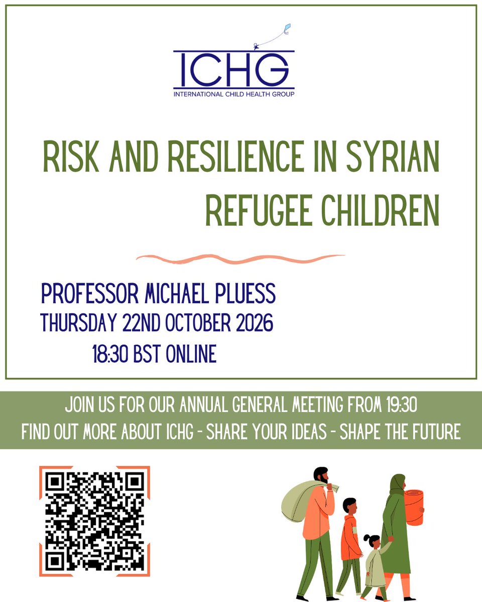 IntChildHealth's tweet photo. Join us online on Thursday 22nd October to hear from Professor Michael Pluess on Risk and Resilience in Syrian Refugee Children followed by our annual general meeting offering an opportunity to find out more about the work of ICHG and to share your ideas for the future. https://t.co/2JNxcOnR93