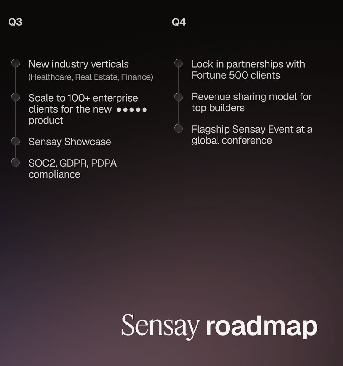 asksensay's tweet photo. Here's what we're building this quarter: a business rescue product for retiring SME owners, the AI workforce training pipeline, expansion into healthcare, real estate and finance, and a flagship Sensay event. Progress posted as it happens. $SNSY https://t.co/PYLK5qT8l9
