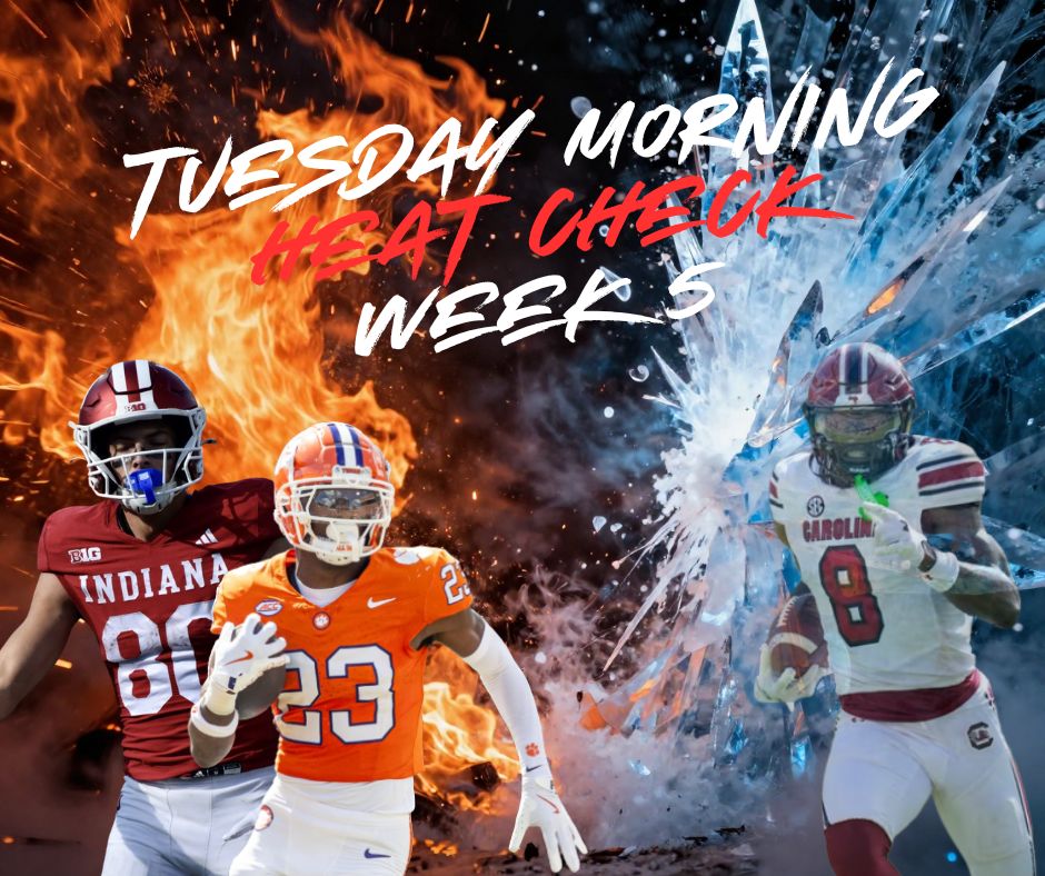 DraftCountdown's tweet photo. Week 5 Heat Check is live!

📈 Risers: Charlie Becker (Top 15 push), Ashton Hampton
📉 Fallers: Nyck Harbor (Day 3 slide), Rocco Becht

Tape breakdown &amp; updated draft grades: https://t.co/nCzeWI8BUb 

#NFLDraft #CFB https://t.co/JXJPd6LntW