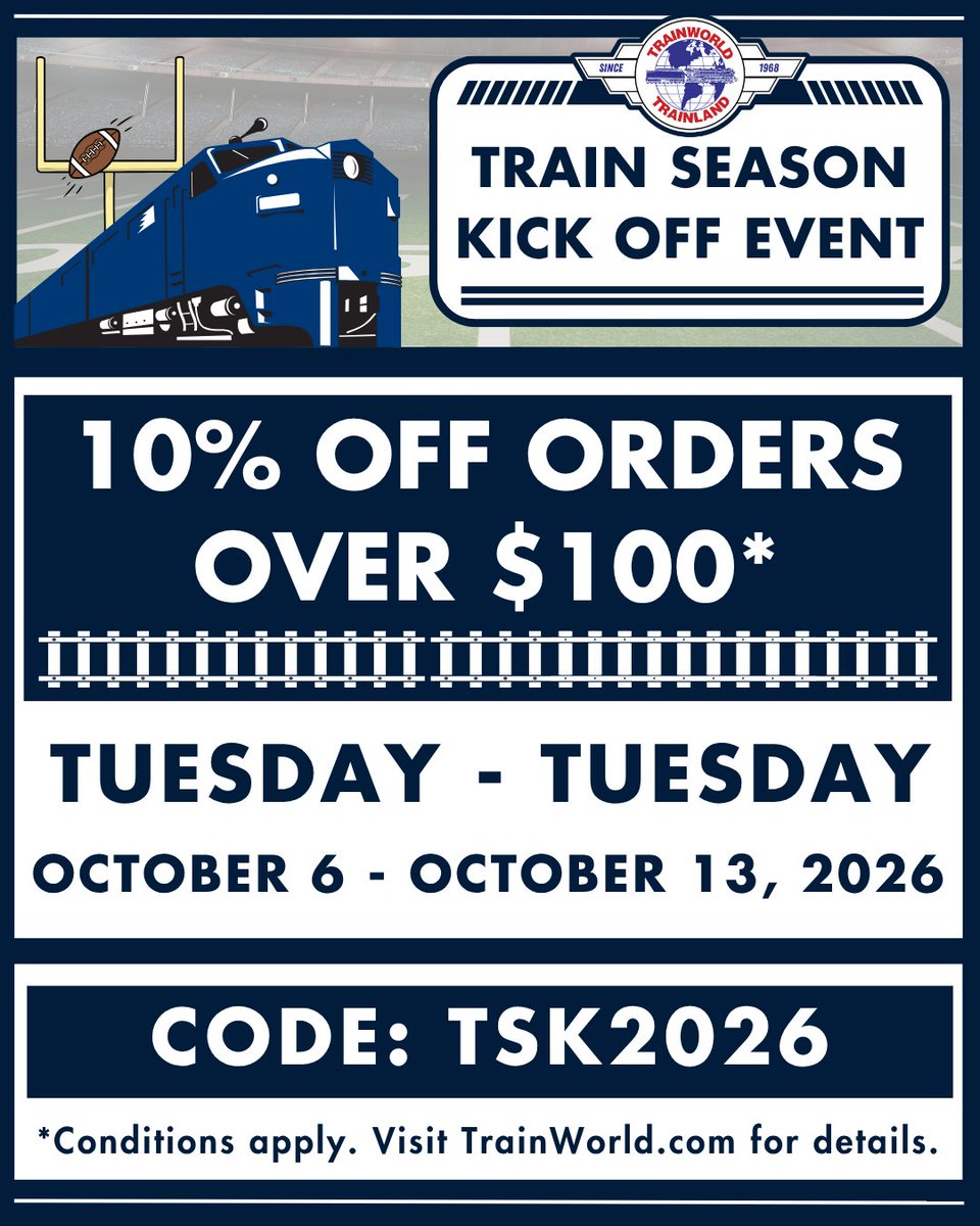 Trainworld's tweet photo. Train Season Kick Off Sale Event! 🚂

Save 10% off orders over $100*

Tuesday: October 6, 2026 - Tuesday: October 13 , 2026

USE CODE: TSK2026

*Conditions apply - Visit https://t.co/1RAdwL6qNr! 🚂

#trains #train #modeltrain #modelrailroad #railfans #railfans_of_instagram #railfanning #trainworld #trainland #modeltrains #railroad #locomotive #sale #salesevent #trainsale #ridewithtrainworld