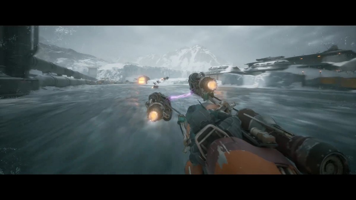 A first-person view from a high-speed podracer speeding across a snowy, icy landscape with engines roaring, capturing the fast-paced racing action highlighted in the Star Wars: Galactic Racer game now available on PS5.