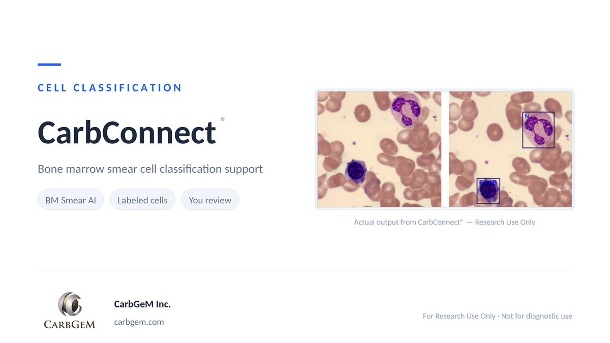 CarbConnect's tweet photo. Research teams can run CELLAVISION DC-1 bone marrow smear images through CarbConnect® BM Smear AI for a first-pass cell classification, so reviewers focus on cells that need a human eye. RUO; not for diagnostic use.
#Hematology #CellMorphology #LabAI https://t.co/5j5LzN9Wtx