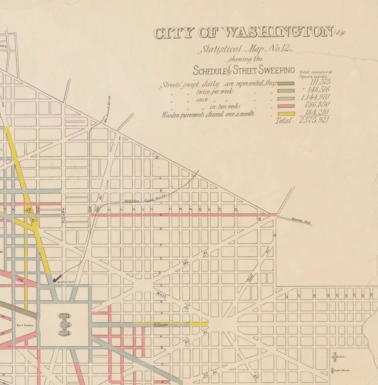 A historical map of Washington's streets around the Capitol, colored by how often they were swept, from daily to once every two weeks.