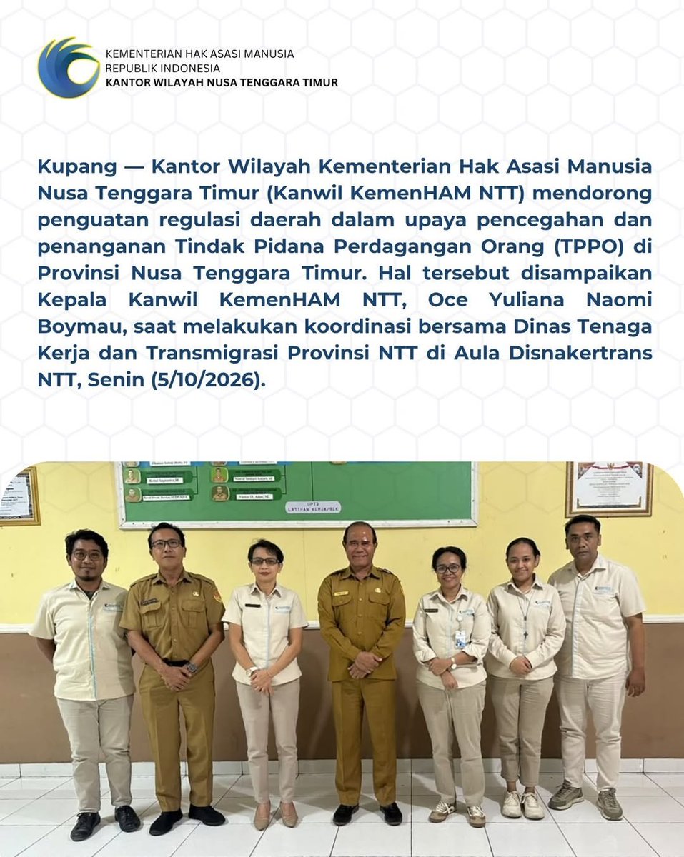 kemenhamntt's tweet photo. Kantor Wilayah Kementerian Hak Asasi Manusia Nusa Tenggara Timur (Kanwil KemenHAM NTT) mendorong penguatan regulasi daerah dalam upaya pencegahan dan penanganan Tindak Pidana Perdagangan Orang (TPPO) di Provinsi Nusa Tenggara Timur.
Selengkapnya:
https://t.co/9hrVSEjMNc https://t.co/WghJ7EJ4Tf