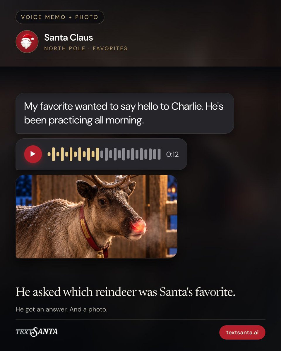 textsantaai's tweet photo. He asked which reindeer was Santa's favorite.

He got an answer. And a photo.

#textsanta #rudolph #santaclaus #christmasmagic #kidsofinstagram #northpole #Christmas #Reindeer

https://t.co/Z9b59rNK8x https://t.co/vZP7ogSFaZ
