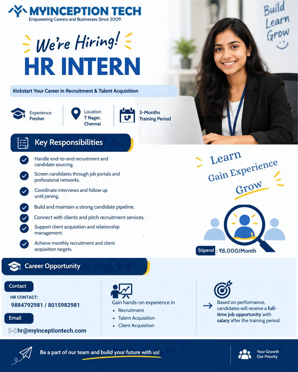 MyInceptionTech's tweet photo. 🚀 We’re Hiring – HR Intern!

Start your career in Recruitment &amp; Talent Acquisition with MyInception Tech! 💼✨

Followed @MyInceptionTech 

#myinceptiontech #wrightepath #Hiring #HRIntern #HRJobs #HRInternship #InternshipOpportunity #Recruitment #atlee #TalentAcquisition https://t.co/foW7bLDXJK