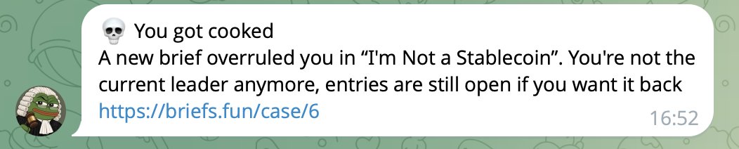 Briefs_fun's tweet photo. built Telegram alerts for briefs and an actual player showed up, took our spot and made our own bot deliver the news

getting cooked on your own website is one thing, getting a notification about it feels personal

gg whoever you are, we're appealing

https://t.co/PO0EgiAlMZ · testnet with a mock jury