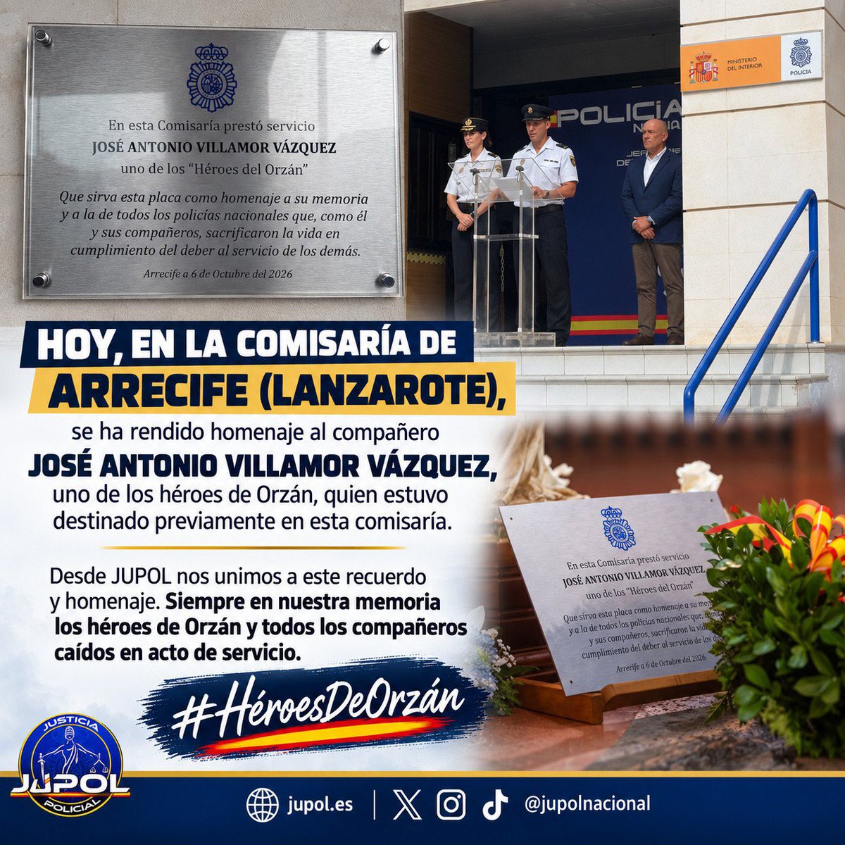 JupolNacional's tweet photo. Hoy, en la Comisaría de Arrecife (Lanzarote), se ha rendido homenaje al compañero José Antonio Villamor Vázquez, uno de los héroes de Orzán, quien estuvo destinado previamente en esta comisaría.

Desde JUPOL nos unimos a este recuerdo y homenaje. Siempre en nuestra memoria los héroes de Orzán y todos los compañeros caídos en acto de servicio.

#HéroesDeOrzán. 🖤
