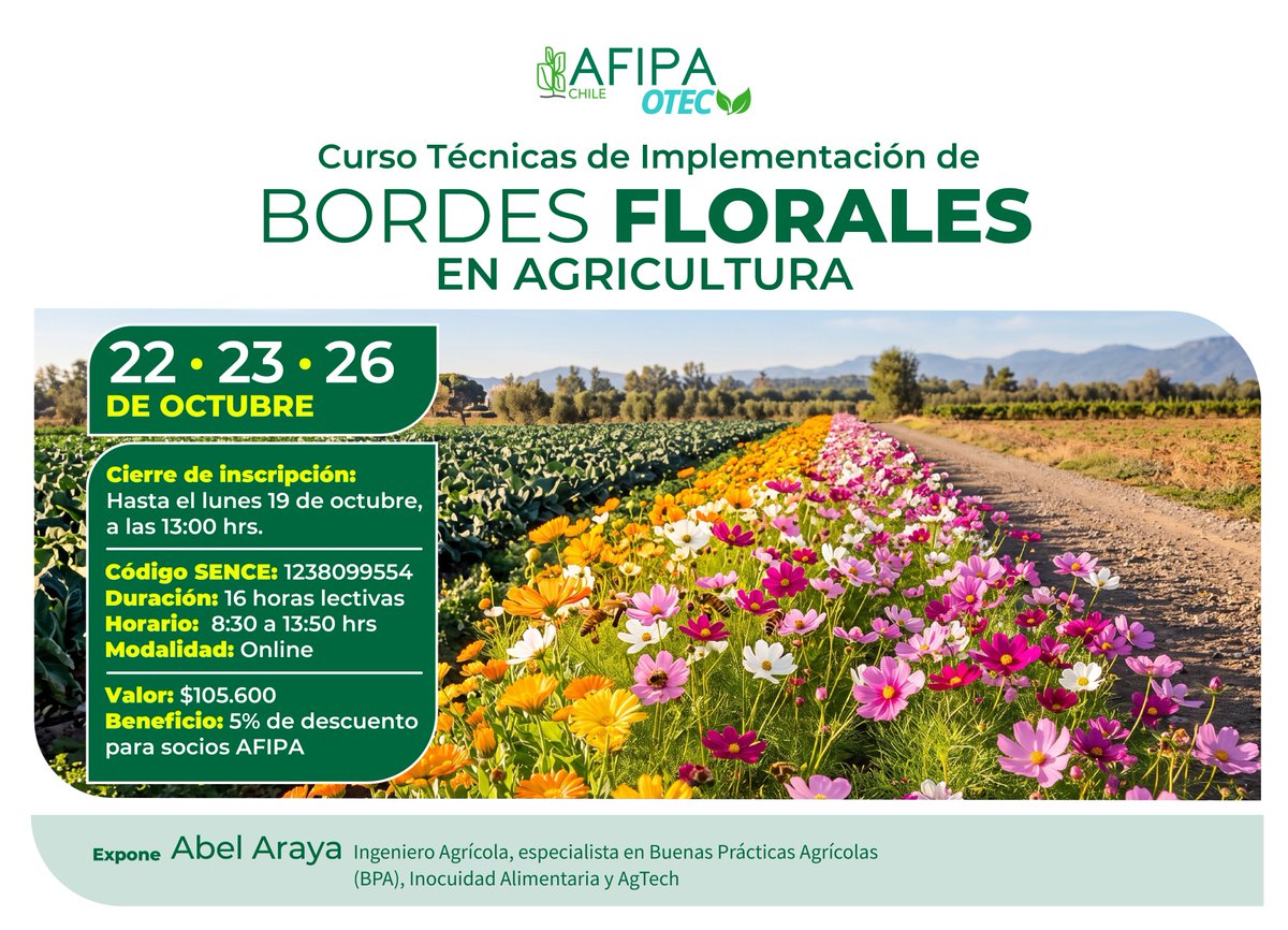 afipachile's tweet photo. Aprende a potenciar la biodiversidad y el #MIP en tu campo 🌸🌾
Curso: Técnicas de Implementación De Bordes Florales En Agricultura
👨‍🏫 Expone: Abel Araya
🗓️️ 22, 23 y 26 de octubre
💻 Online
🗓️ Inscripciones hasta el 19 de octubre
📩 laravena@afipa.cl https://t.co/txNtggv1E8