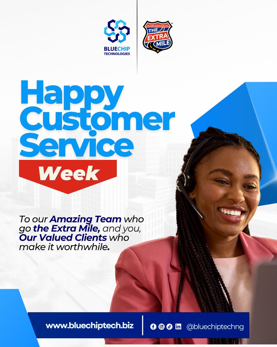 BluechipTechNG's tweet photo. Happy Customer Service Week! 💙

Behind every great experience is a team that gives a little more than expected, and a client who trusts us enough to let us try.

To our valued clients: you make every mile worth it. Thank you for choosing Bluechip Technologies. 

what's one thing that makes great customer service stand out for you?let us know in the comments below 👇🏾
#bluechiptechnologies #bluechip #extramile #customerserviceweek