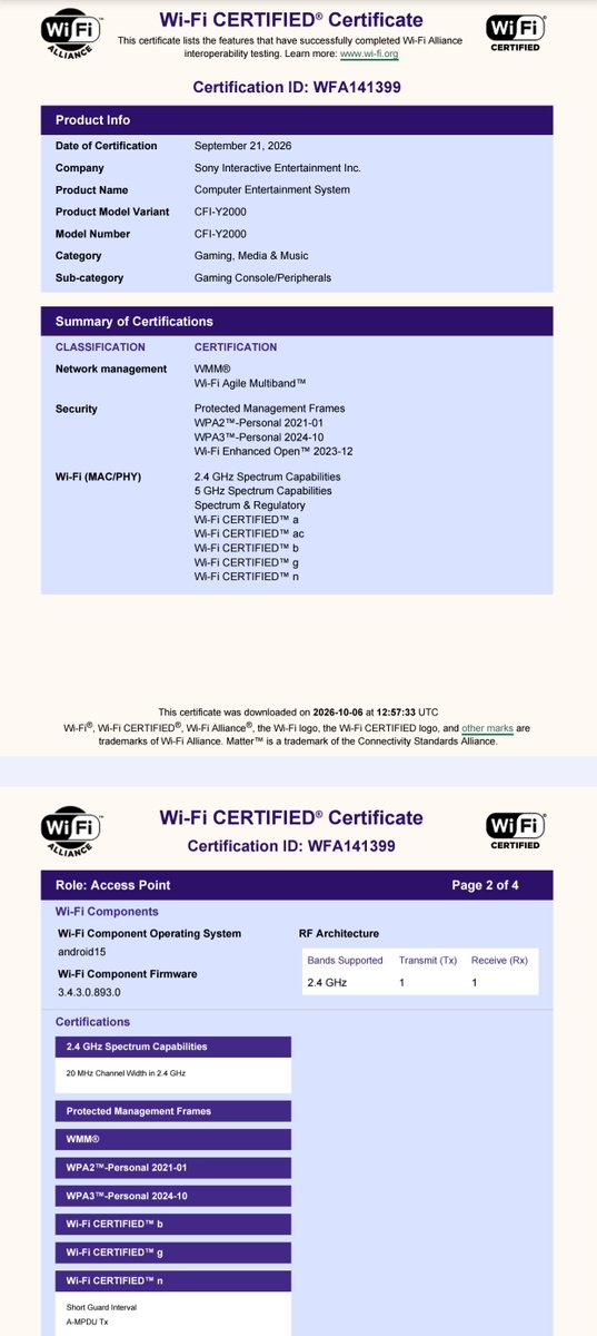 yabhishekhd's tweet photo. Sony has certified 2 new PlayStation handheld devices, could be the PlayStation Portal OLED 👀

Sony Interactive Entertainment got CFI-Y2000 and CFI-Y2105 certified on Wi-Fi Alliance on September 21, 2026.

– Listed as "Computer Entertainment System"
– Category: Gaming Console
– Runs Android 15
– Wi-Fi 5 (2.4GHz + 5GHz)
– "3.5mm earphone and USB only for charging"

Sony already sells one device in this category, the PlayStation Portal, launched in November 2023 with model number CFI-Y1000. PS5 consoles use CFI-1xxx and CFI-2xxx numbers, so the new "Y" models point to a new Portal, not a new PS5.

In January, leaker @Kepler_L2 claimed Sony is making an OLED version of the Portal this year, and in August a second leaker, @Zuby_Tech, backed it. This certification is the first real proof of new Portal hardware.

Not officially announced by Sony yet, and the listing doesn't mention OLED.