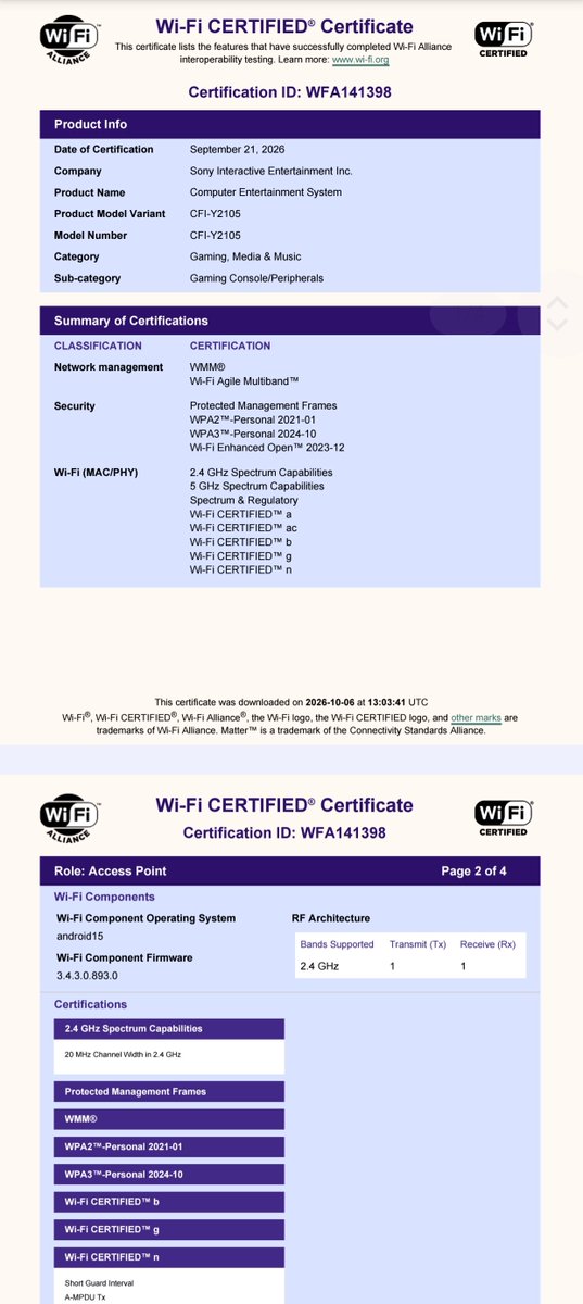 yabhishekhd's tweet photo. Sony has certified 2 new PlayStation handheld devices, could be the PlayStation Portal OLED 👀

Sony Interactive Entertainment got CFI-Y2000 and CFI-Y2105 certified on Wi-Fi Alliance on September 21, 2026.

– Listed as "Computer Entertainment System"
– Category: Gaming Console
– Runs Android 15
– Wi-Fi 5 (2.4GHz + 5GHz)
– "3.5mm earphone and USB only for charging"

Sony already sells one device in this category, the PlayStation Portal, launched in November 2023 with model number CFI-Y1000. PS5 consoles use CFI-1xxx and CFI-2xxx numbers, so the new "Y" models point to a new Portal, not a new PS5.

In January, leaker @Kepler_L2 claimed Sony is making an OLED version of the Portal this year, and in August a second leaker, @Zuby_Tech, backed it. This certification is the first real proof of new Portal hardware.

Not officially announced by Sony yet, and the listing doesn't mention OLED.