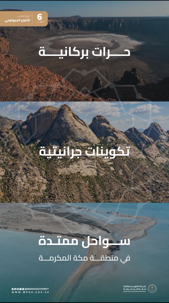 MakkahAuthority's tweet photo. في اليوم العالمي للتنوع الجيولوجي، تُبرز #هيئة_تطوير_منطقة_مكة_المكرمة ما تزخر به محافظاتها من تنوع جيولوجي فريد، يمتد من الحرات البركانية والتكوينات الجرانيتية إلى السواحل على البحر الأحمر. تنوع تعمل الهيئة على صونه وتوظيفه رافداً للسياحة العلمية والطبيعية في المنطقة. https://t.co/1t4BGXAxE5