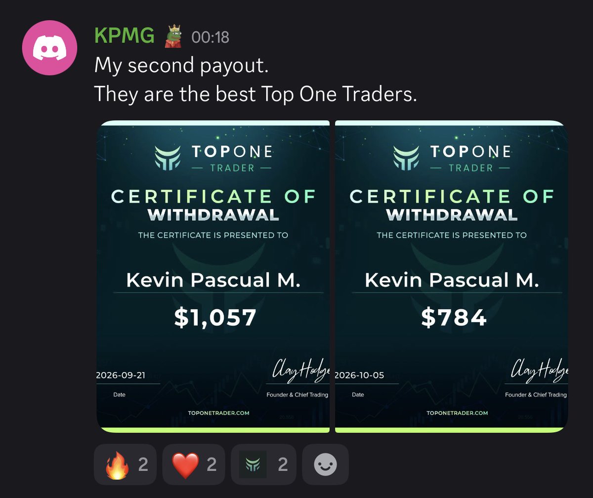 TopOneTrader's tweet photo. Paid, then paid again.

Happens only at Top One Trader.

$1,841 to Kevin P. in just 2 weeks. 🔥 https://t.co/DrpNlynTx8