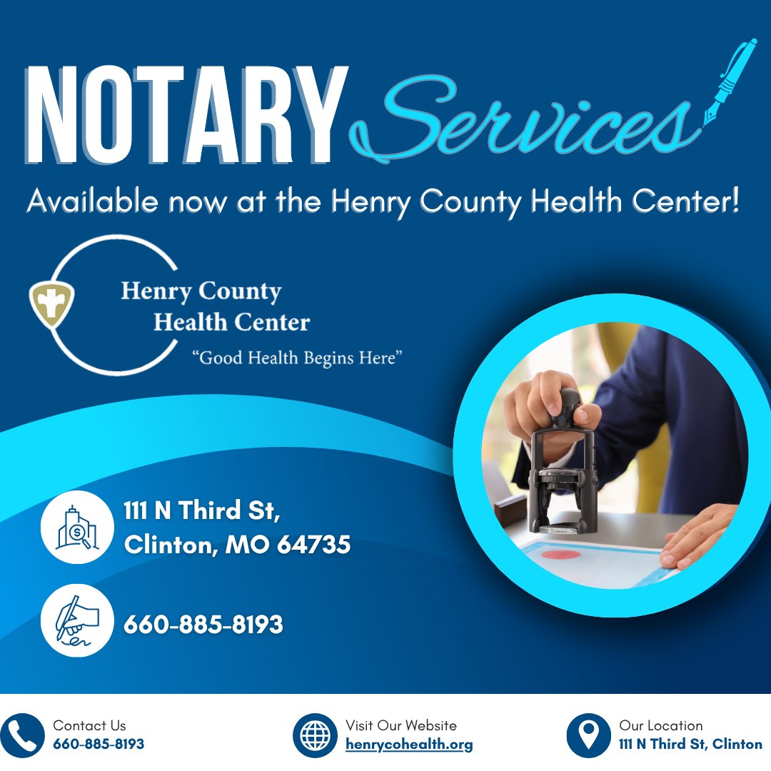 HCHC2020's tweet photo. Great news! Notary services are now available at the Henry County Health Center! https://t.co/OxYNYgCOat