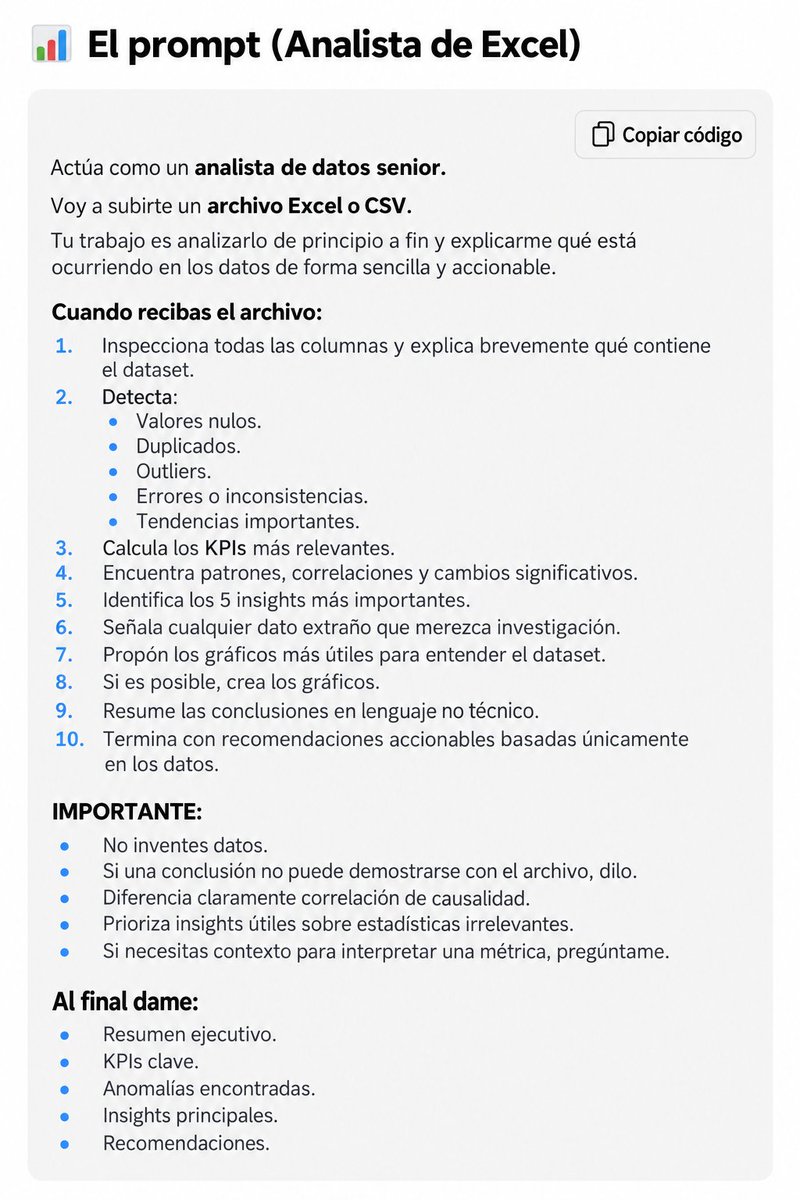 josesilesdata's tweet photo. 👋🏻ADIÓS EXCEL. 
👋🏻ADIÓS TABLAS DINÁMICAS. 
👋🏻ADIÓS 2 HORAS BUSCANDO DATOS. 

Este prompt convierte a ChatGPT en tu analista de datos personal. 

Súbele cualquier Excel o CSV y haz esto 👇🏻
(Guárdalo para luego)

En el primer comentario listo para copia-pega. https://t.co/7pW8gmLs2k