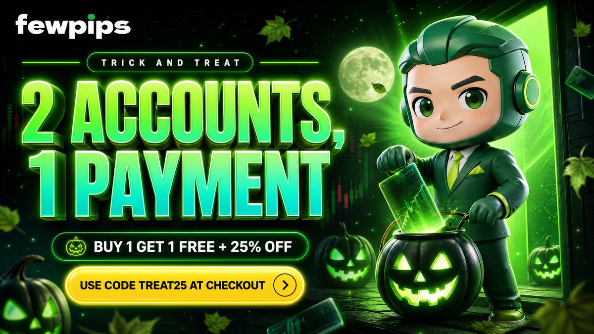 OfficialFewpips's tweet photo. Two accounts. One payment. 25% off the one you pay for, every size, CFD and Futures, until Friday 23:59 ET. Code TREAT25 at checkout. https://t.co/WgS8vBDeOq https://t.co/vSqkEqVddp