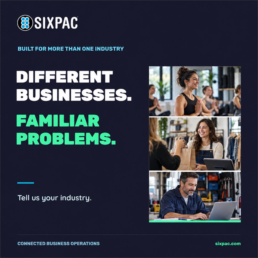 getsixpac's tweet photo. Different businesses often share the same operational problems: disconnected customers, scheduling, payments, documents, memberships, and reporting. That is why SIXPAC was built for more than one industry. What do you run? #SIXPAC https://t.co/tYD0fooYDn