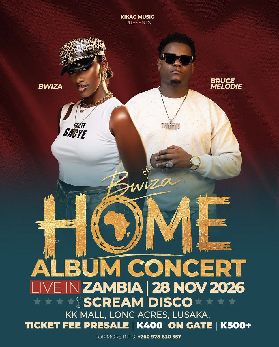Inyarwandacom's tweet photo. Bwiza na Bruce Melodie bategerejwe mu gitaramo kizabera mu gihugu cya Zambia cyateguwe na Kikac Music mu rwego rwo kumurika akbum ya Bwiza yise “Home”

Bruce Melodie wakoranye na Bwiza indirimbo “Ogera”, bazataramira muri Zambia ku wa 28/11/2026.

#inyarwanda #inyarwandanews #inyarwandatrends