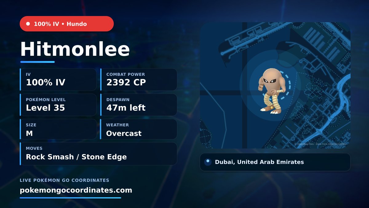 CoordsPokemonGo's tweet photo. #Hitmonlee Wild Spawns
π―% IV β’ 2392 CP β’ Level 35
Despawns in 47m
π 25.086547,55.133660
#100IVLevel35 β’ #PokemonGO https://t.co/zkmsqjVH38