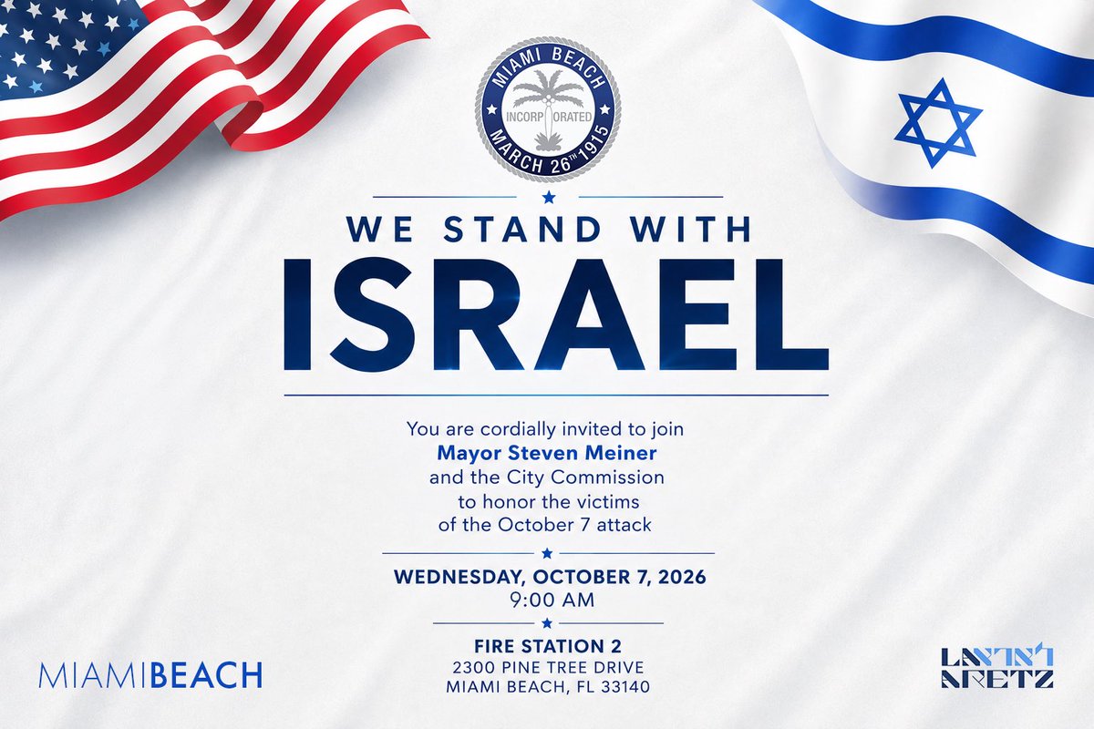StevenMeiner's tweet photo. Tomorrow, Wednesday, October 7, at 9:00 AM, please join me and the @MiamiBeachNews City Commission as we honor the victims of the barbaric October 7 Hamas attack against Israeli civilians and remember the hostages kidnapped from their homes and communities.

We will be joined by Miami-Dade County Mayor Daniella Levine Cava, Sheriff Rosie Cordero-Stutz and others.

On this third anniversary, the pain of that day has not faded. Millions around the world are still grieving the deadliest day for the Jewish people since the Holocaust. The wounds are still fresh, and since that tragic day, we have witnessed an explosion of antisemitism. Miami Beach will always stand against hate and stand with Israel's right to exist in peace and defend itself against attacks.

📍 Fire Station 2, 2300 Pine Tree Drive, Miami Beach
 🗓 Wednesday, October 7 | 9:00 AM