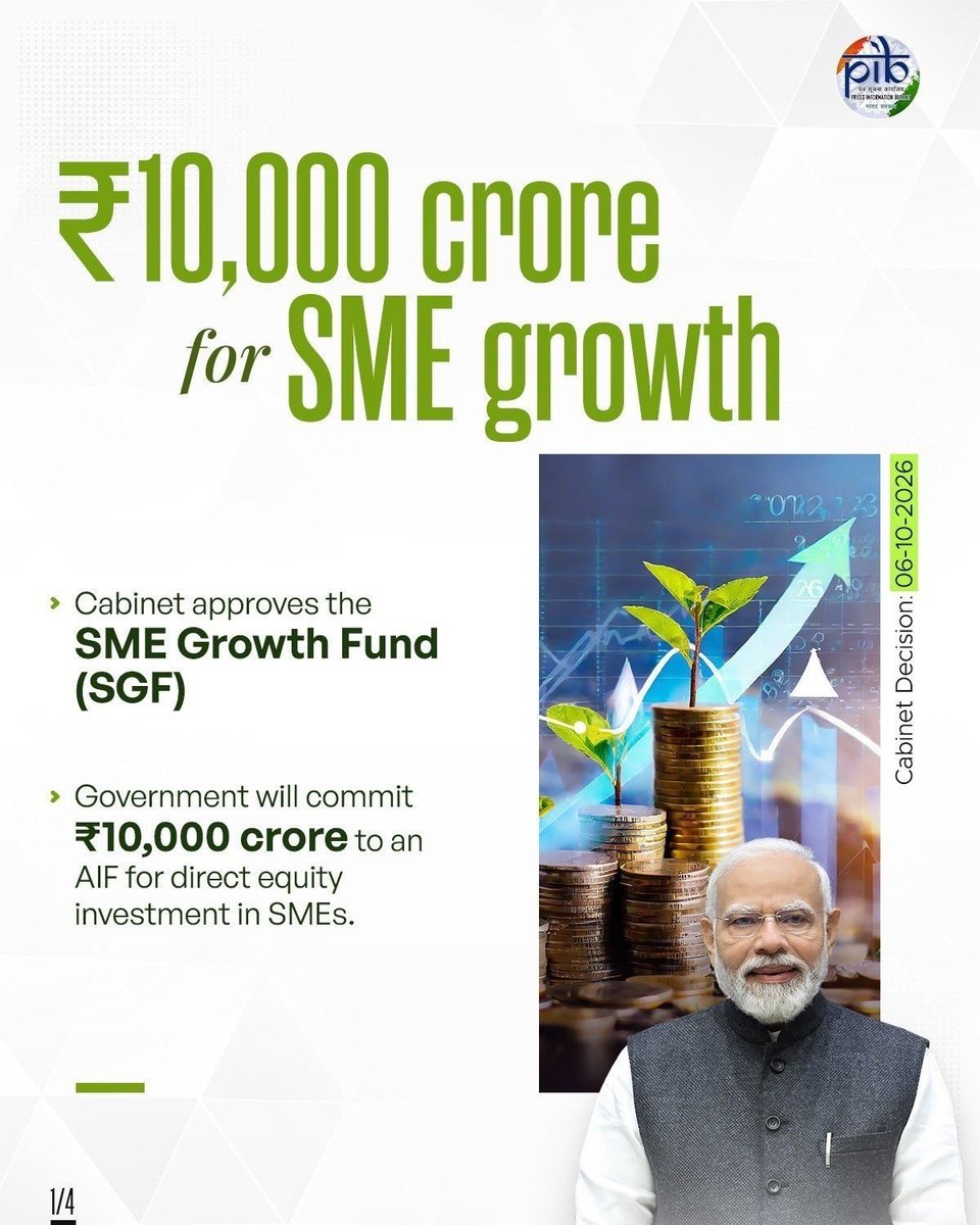 JPNadda's tweet photo. ₹10,000 CRORE BOOST FOR INDIA’S SMEs! 

Union Cabinet, chaired by Hon’ble PM Shri @narendramodi ji, has approved the Government of India’s commitment of ₹10,000 crore towards the SME Growth Fund (SGF), providing long-term growth equity to high-potential Small and Medium Enterprises.

The Fund will help SMEs scale operations, adopt advanced technologies, expand into global markets and strengthen their competitiveness, while supporting the emergence of a new generation of Indian enterprises and advancing the vision of #ViksitBharat @ 2047.

#CabinetDecisions