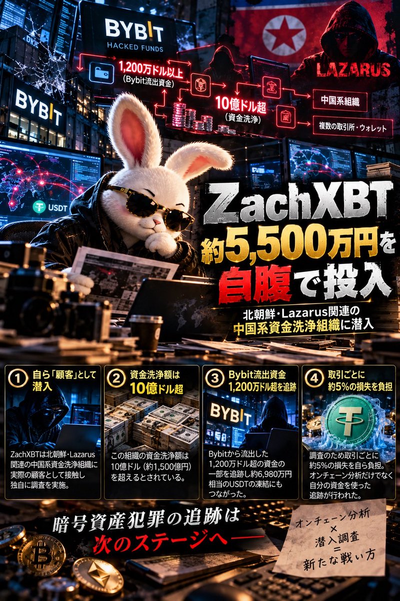 CryptoRabi888's tweet photo. 【衝撃】🚨
ZachXBT、約5,500万円を自腹で犯罪組織に投入

北朝鮮・Lazarus関連の
中国系資金洗浄組織に「顧客」として潜入。

・組織の資金洗浄額は10億ドル超
・Bybit流出資金1,200万ドル超を追跡
・約6,980万円相当のUSDT凍結にもつながる

しかも取引ごとに約5%の損失を負担。

オンチェーン分析だけでなく
「自分の金を入れて追う」時代に。

#仮想通貨 #Crypto #Bybit
