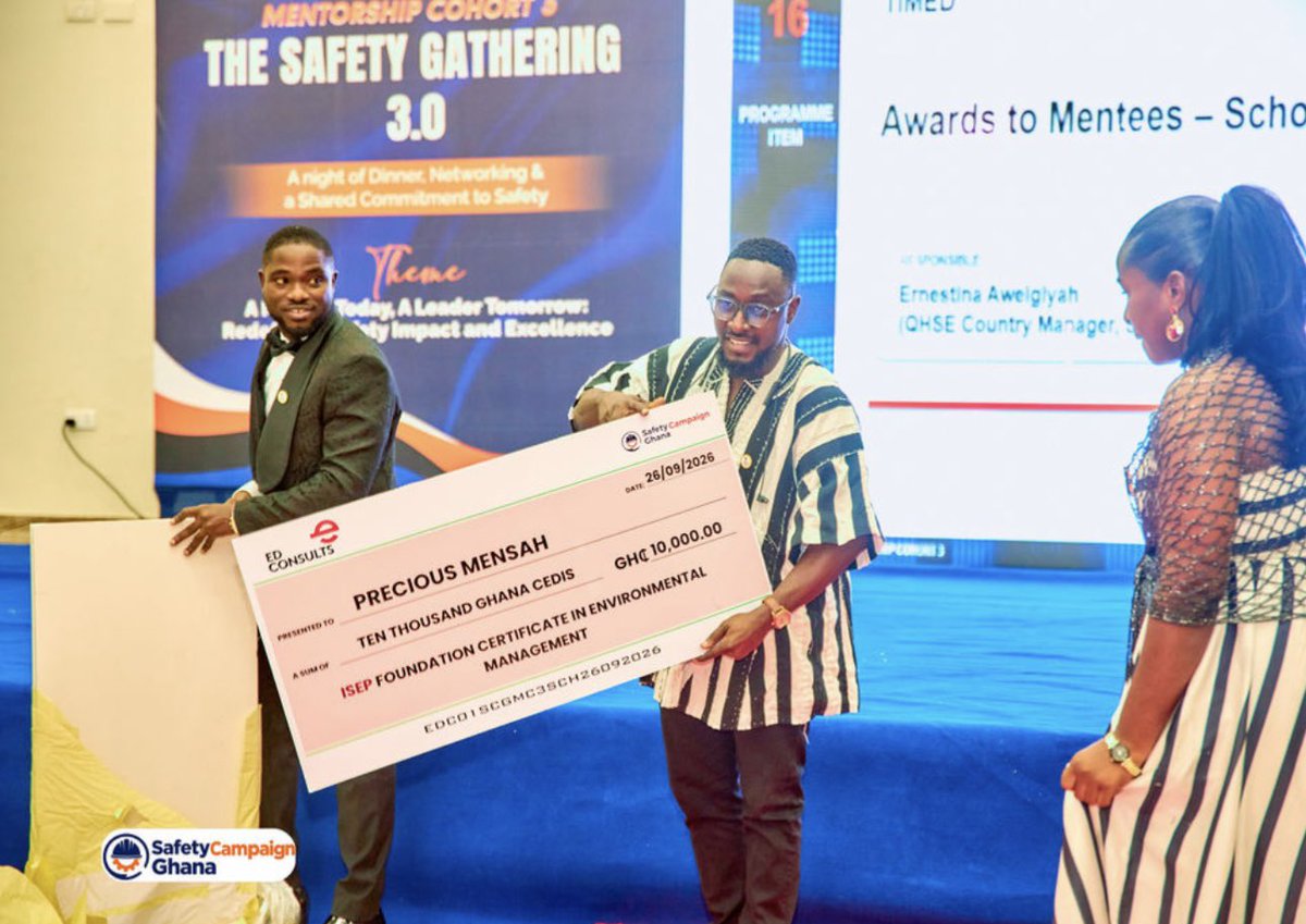 ED_Consults's tweet photo. Congratulations to Precious Mensah, Mentee of Safety Mentorship Cohort 3, on receiving a GHS 10,000 scholarship for the ISEP Foundation Certificate in Environmental Management!

We are proud to support her continued growth and professional development. 

#EDConsults https://t.co/M0ZWp0LrJC