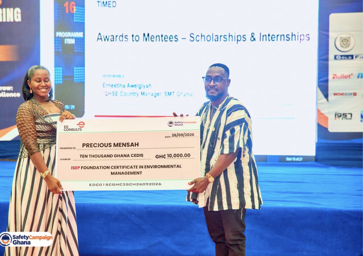 ED_Consults's tweet photo. Congratulations to Precious Mensah, Mentee of Safety Mentorship Cohort 3, on receiving a GHS 10,000 scholarship for the ISEP Foundation Certificate in Environmental Management!

We are proud to support her continued growth and professional development. 

#EDConsults https://t.co/M0ZWp0LrJC