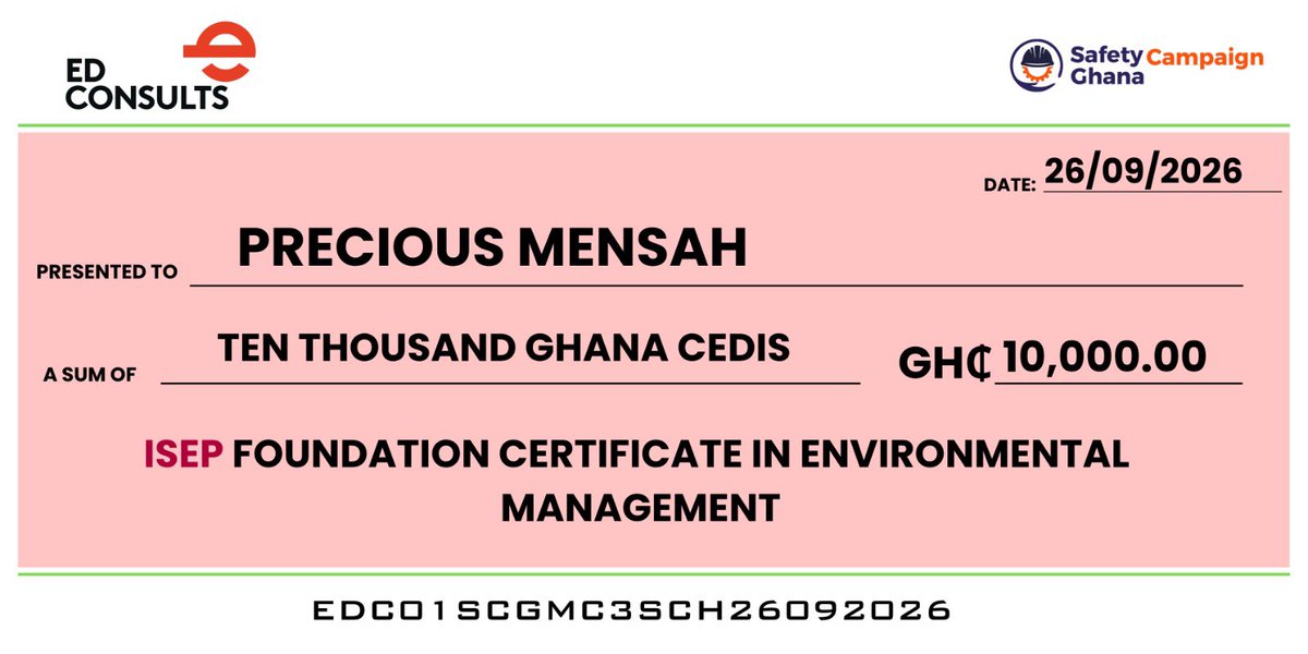 ED_Consults's tweet photo. Congratulations to Precious Mensah, Mentee of Safety Mentorship Cohort 3, on receiving a GHS 10,000 scholarship for the ISEP Foundation Certificate in Environmental Management!

We are proud to support her continued growth and professional development. 

#EDConsults https://t.co/M0ZWp0LrJC