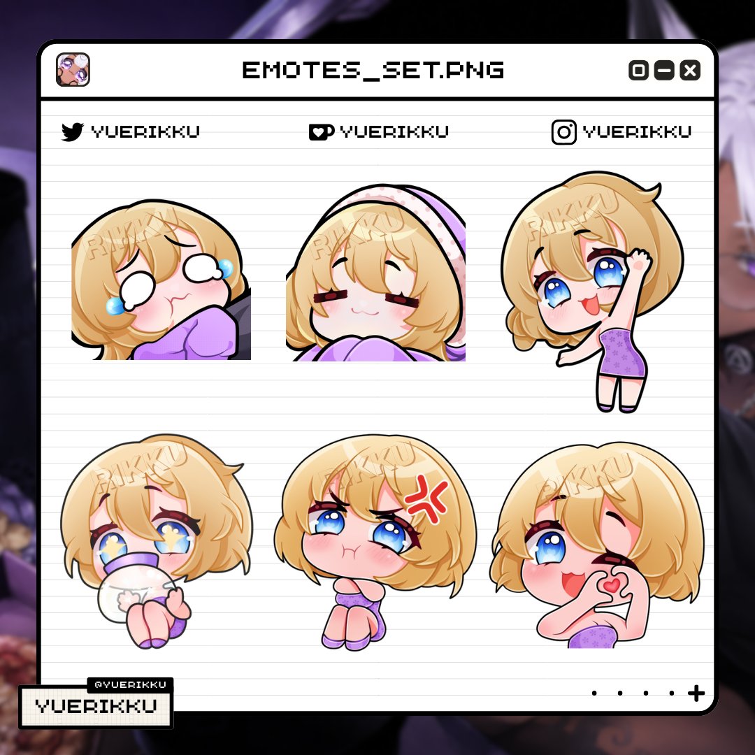 YueRikku's tweet photo. ★ ✨┊ [NEW] set of 6 emotes/chibi YCH.

★ 💜┊ ↻  +  ♡︎ are appreciated.

★ 🔗┊https://t.co/wKijuFQXNt

⤷ #rikkullust ・ #emotes ・ #artshowcase ♡⸝⸝ https://t.co/76R1YS37D2
