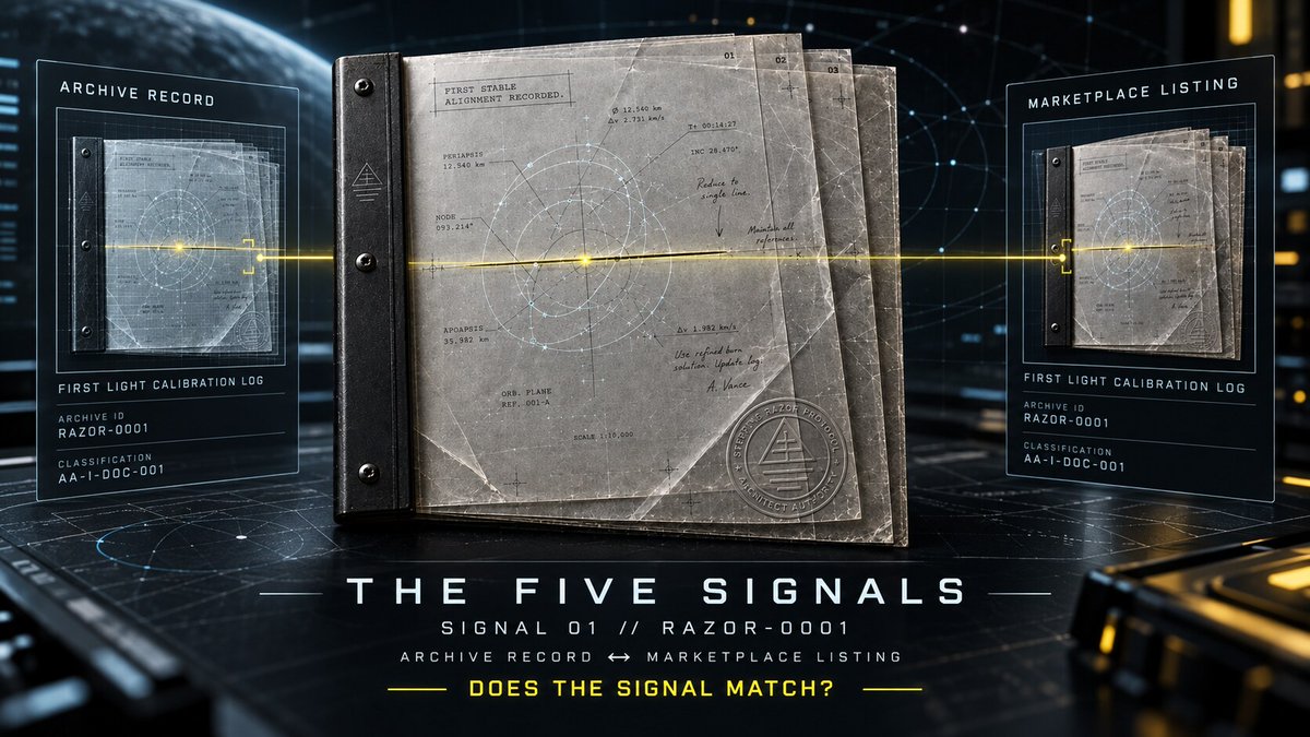 stpnrzrprtcol's tweet photo. THE FIVE SIGNALS // SIGNAL 01
RAZOR-0001: First Light Calibration Log.
Does the marketplace listing match the Archive?
Name. Image. Item address. Status.
Proven systems begin with verifiable signals.
https://t.co/E11Mfac27k
#Solana #NFT #DigitalArtifacts https://t.co/ZLOFVlWC39