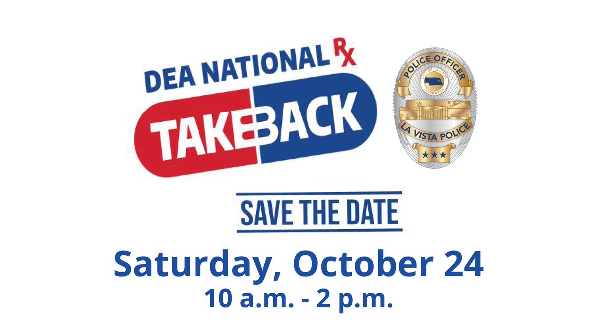 lavistapolice's tweet photo. Save the date, Sat., Oct. 24 for National Prescription Drug #TakeBackDay! Location TBA soon!

This is a safe and free opportunity to dispose of old medications discreetly. Bring your unused prescription drugs to us and we’ll take care of them for you! https://t.co/YjuGmpNW8E