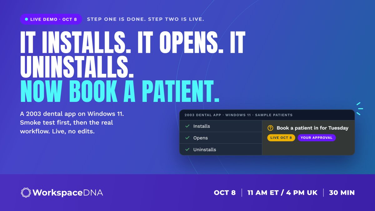 WorkspaceDNA's tweet photo. A dental app from 2003 vs. Windows 11.

We're booking a patient live on Oct 8. No edits, no safety net.

→ https://t.co/MH9QpWBMA3 https://t.co/dktwadIbRf