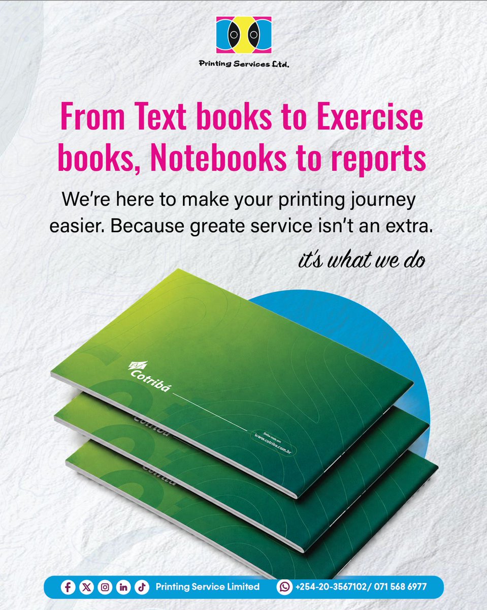 PrintingLimited's tweet photo. From the first page to the last, our exercise books are built to handle busy school days.
Less wear. More learning. Email us on:info@printingservices.co.ke to request a free quote today and print with confidence.
#CustomerServiceWeek2026 #PrintingServicesLimited #jotzilla #books https://t.co/27e8sdhlHN